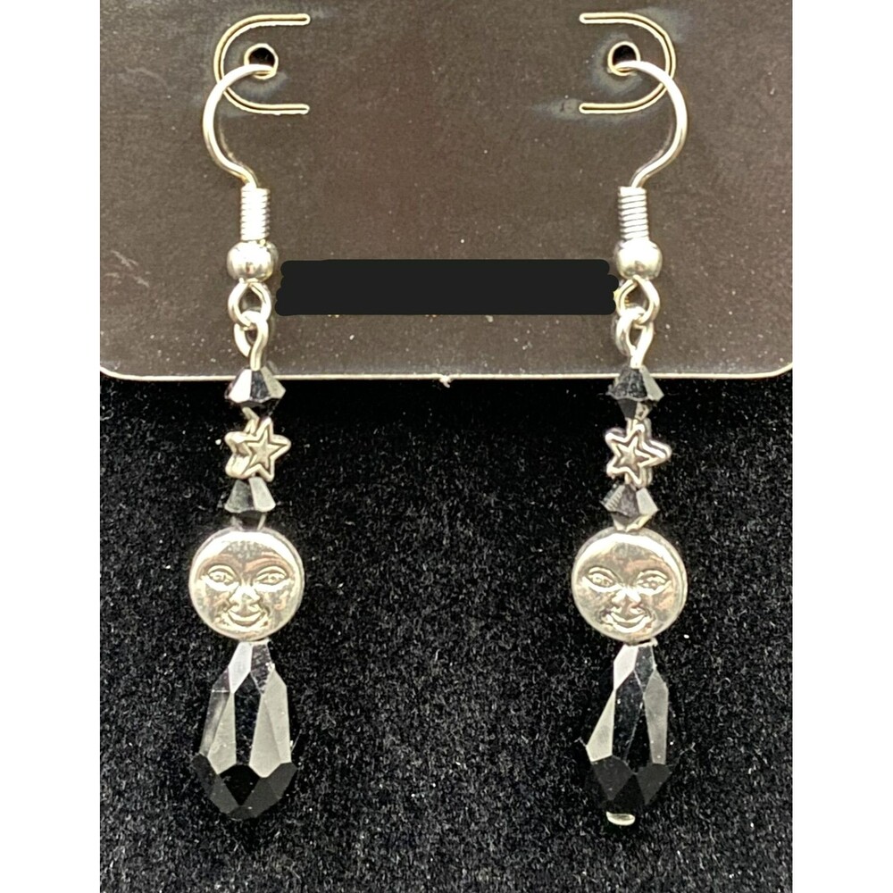 Handmade Moon & Star with Black Crystal Bead Earrings by Neanie-Bot